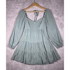 Cottagecore Peasant Tiered Mini Dress Long Sleeve Square Neck Tie Back S Small